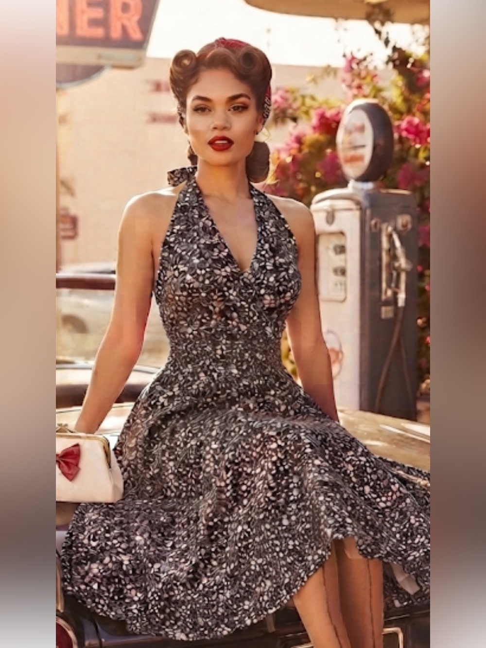 Zaful Floral Halter Midi Dress Black Tie-Back Summer Dress large